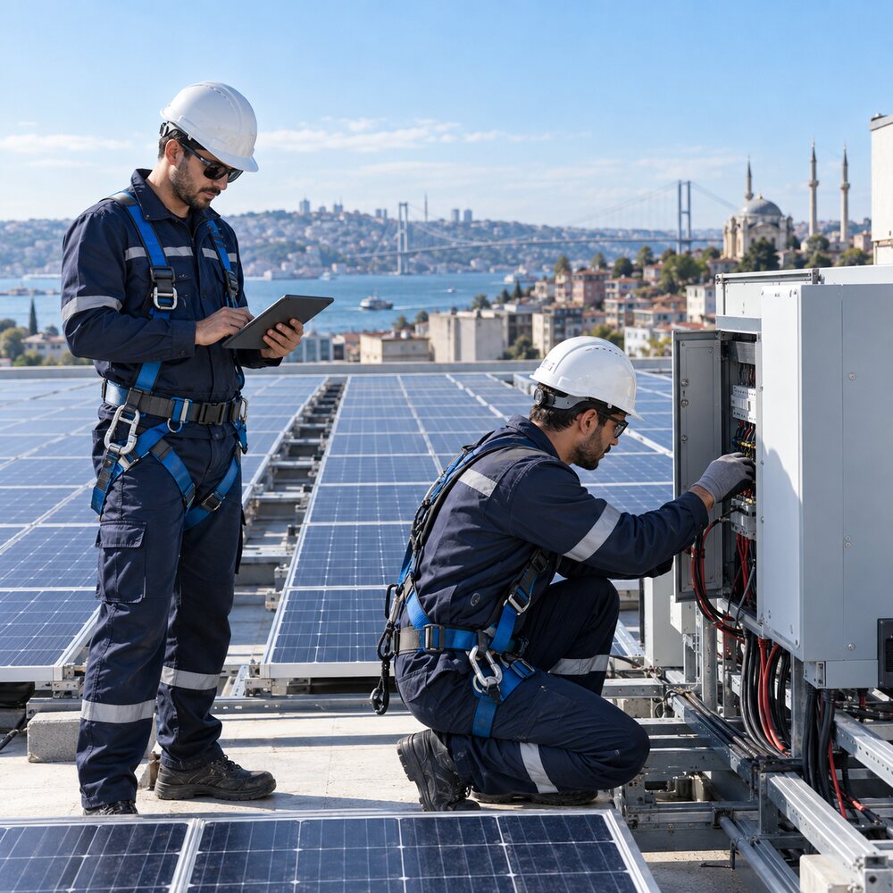 Güneş enerjisi sistemini kontrol eden Element Enerji teknik ekibi
